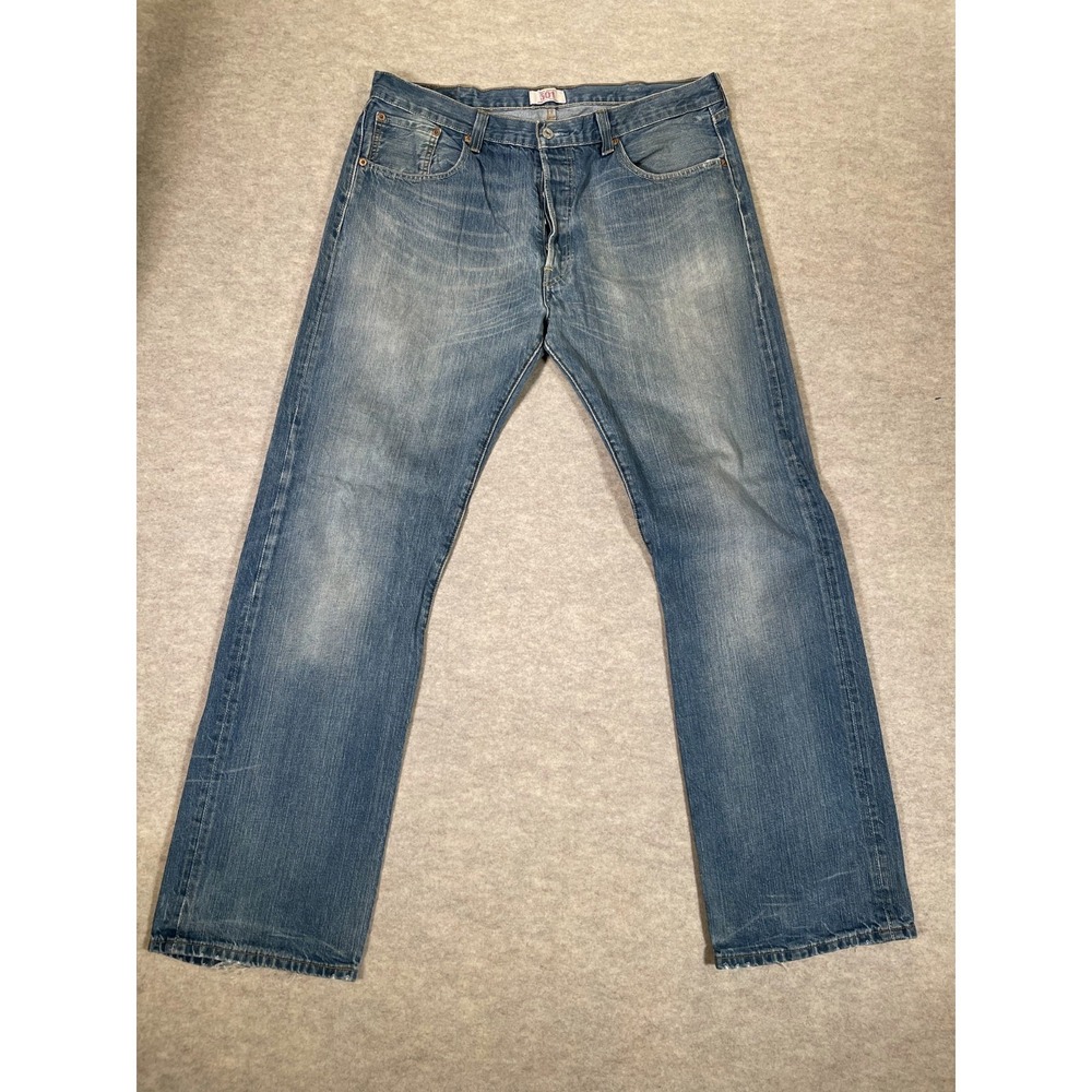 Levis 501 Straight Leg Jeans Mens 38x34 Blue Whiskering Denim Cotton Button Fly
